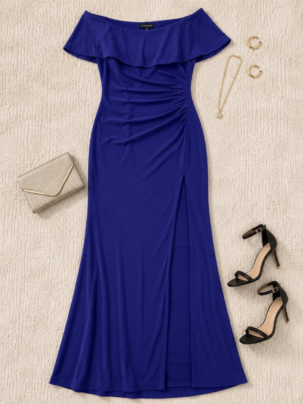 Xscape Plus 22W Royal Blue Evening Gown Off Shoulder Ruched Wedding Guest